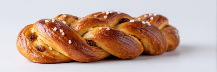 Golden challah loaf entwined like a sunrise, perfect for Shabbat or Rosh Hashanah, whispers sweet raisin tales