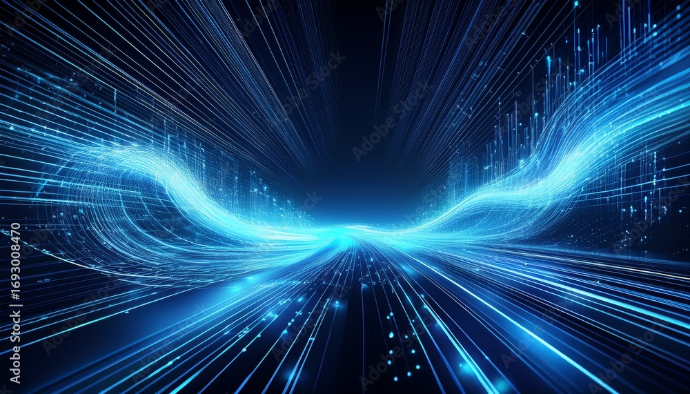 Aufkleber abstract blue digital data streams and lines flowing in a dark space