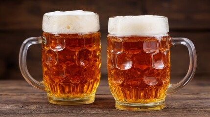 Twin frothy mugs of amber elixir, Oktoberfest revelry, convivial clink echoing ancient brewing lore, autumnal warmth in glass