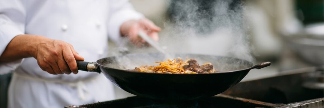 A culinary dance unfolds as a skilled Asian chef wields a wok, celebrating Chinese New Year with zestful flair