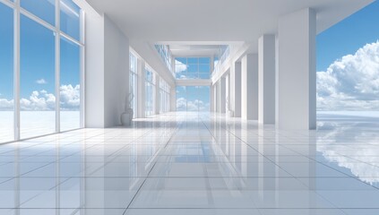 Fototapeta premium Modern, empty hall with panoramic windows
