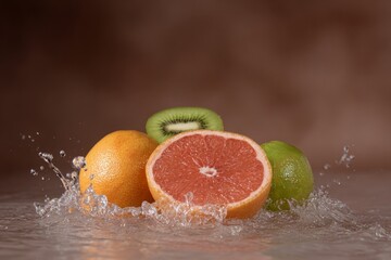 Splashes burst around succulent grapefruit, kiwi, and orange trio, celebrating Vitamin C Day and Fruit Bat Festival's vibrant zest