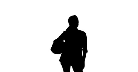 A simple, impactful silhouette of a woman carrying a bag, positioned against a pure white background.