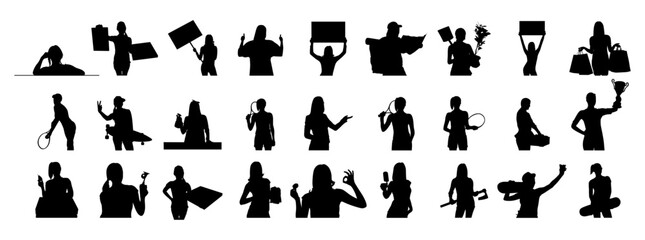 A collection of black silhouette icons depicting people engaged in a wide range of activities.