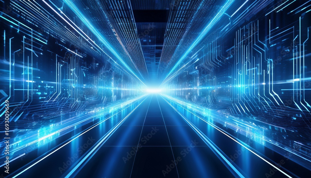 Poster a futuristic journey through a symmetrical tunnel of glowing blue lines and geometric data streams