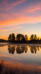 Obraz premium Sunrise over a misty lake with trees