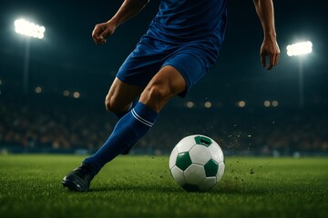 Hyper-realistic action shot of a soccer player dribbling the ball on a green field under stadium lights during a night match, focused on legs, cleats, and ball in motion.	