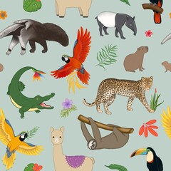 Obraz premium Stylish Seamless Pattern with South American Animals on Sage Green Background, Modern Jungle Wildlife Texture for Fabric Design.