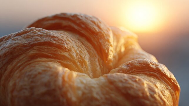 Golden croissant bathes in a sunrise glow, evoking Bastille Day brunch and World Pastry Day delight