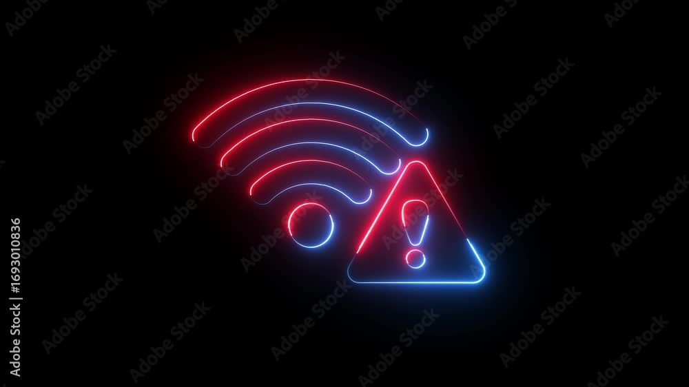 Fototapete wifi with warning attention icon animation glowing neon red and blue color danger risk wireless inte