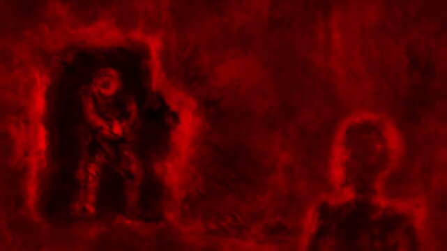 Gloomy haunted place 2D animation. Angry flamethrower burns zombies in room. Evil undead monsters apocalypse. Animated video clip nightmares for Halloween. Motion graphics in horror fantasy genre.