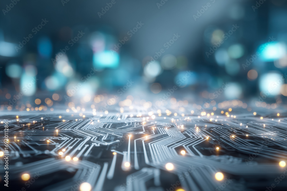 Aufkleber futuristic digital circuit board illuminated with glowing nodes representing advanced technology and