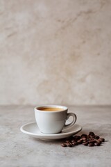 Rich espresso cup amidst scattered coffee beans, evoking International Coffee Day, morning rituals, cozy autumn whispers, brewed serenity