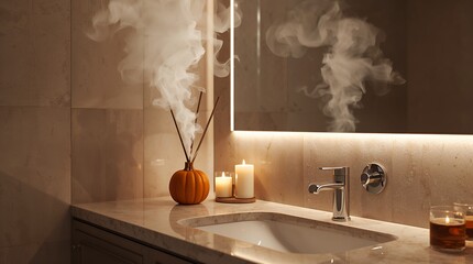 Modern bathroom vanity with pumpkin diffuser, scented vapor ghost shape, burning candles, marble counter, and chrome faucet in warm spa lighting