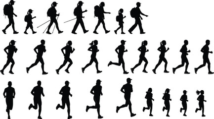 Silhouette illustration of hiking and running figures showing physical activity progression across age groups for fitness, motion, and vector design