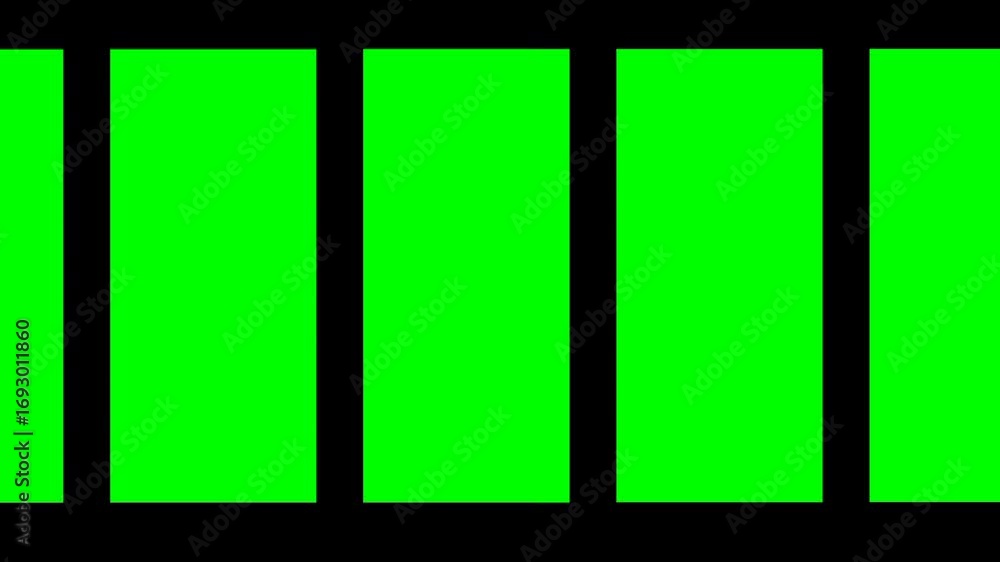 Poster series of rectangular greenscreen blocks aligned for synchronized transitions or modular visual comp