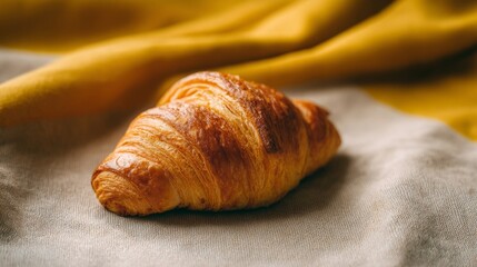 Golden croissant basking on sunlit linen, evokes French Epiphany feast, artisanal baking, flaky pastry perfection