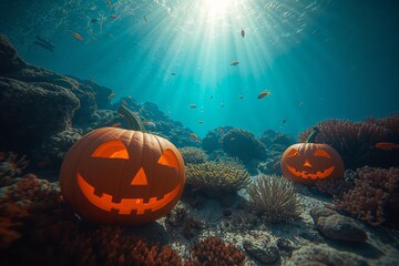 Pumpkin Jack O Lanterns Underwater Coral Reef with Tropical Fish and Sunlight Beams