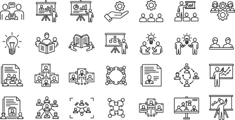 Business and education icon set in line style showing teamwork, communication, presentation, learning, process, idea, and connection concepts