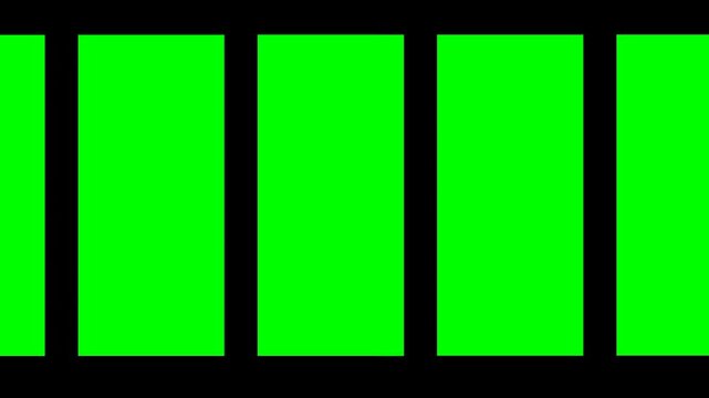 Series of rectangular greenscreen blocks aligned for synchronized transitions or modular visual compositions