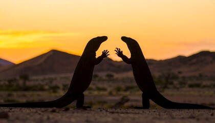 Two lizards silhouetted against a vibrant sunset