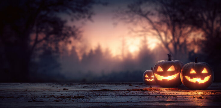 A spooky forest sunset with a haunted evil glowing eyes of Jack O' Lanterns on the left of a wooden bench on a scary halloween night. 
