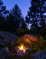 Campfire at dusk in a forest