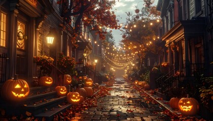 Halloween pumpkins lighting up a charming neighborhood street at dusk