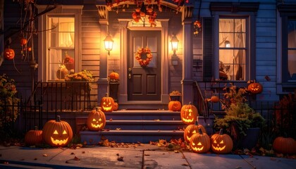 Residential house decorated with pumpkins celebrating halloween at night