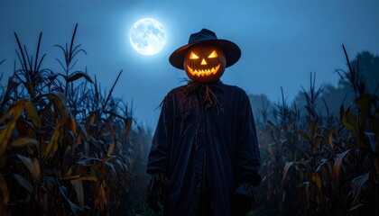 Scarecrow with glowing pumpkin head standing in corn field under full moon