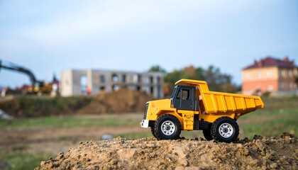 Obraz premium Toy dump truck on construction site