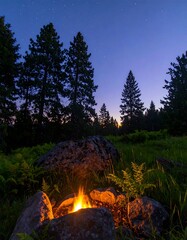 Campfire at dusk in a pine forest (1)