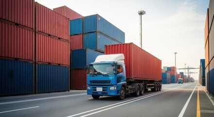 Cargo truck delivers containers through port. Road transport services. Freight forwarding and distribution. Supply chain management.