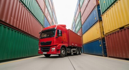 Red semi-truck carrying cargo container moving down a lane bordered by stacked cargo containers on both sides, conveying trade and logistics.