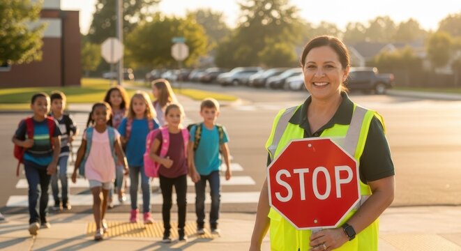 Crossing guard ensuring student safety at school crosswalk with smile and stop sign, cars, building, and sunshine background at school.