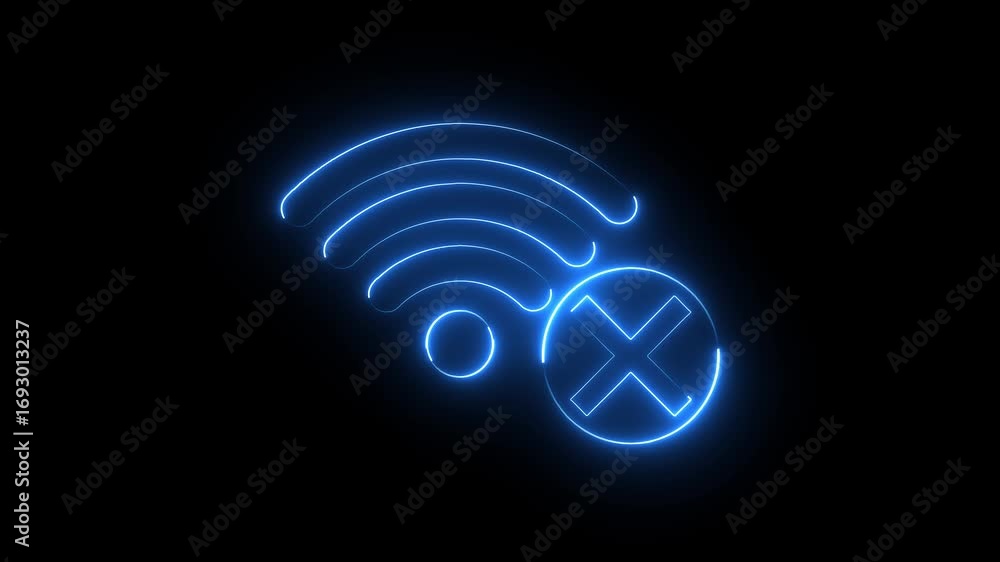 Fototapete wifi with no signal icon animation glowing neon blue color cross wrong cancel wireless internet devi