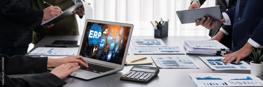 Poster panorama shot analyst team utilizing bi fintech to analyze financial report with laptop. businesspeo