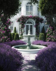 A serene garden surrounds a grand, white mansion, featuring a decorative fountain and vibrant lavender bushes.