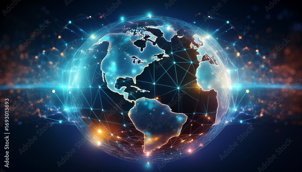 Poster global network connection illuminated sphere digital world interconnected nodes
