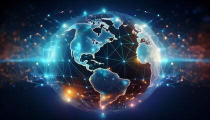 global network connection illuminated sphere digital world interconnected nodes