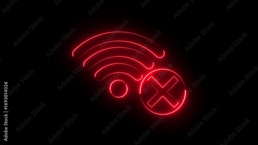 Fototapete wifi with no signal icon animation glowing neon red color cross wrong cancel wireless internet devic