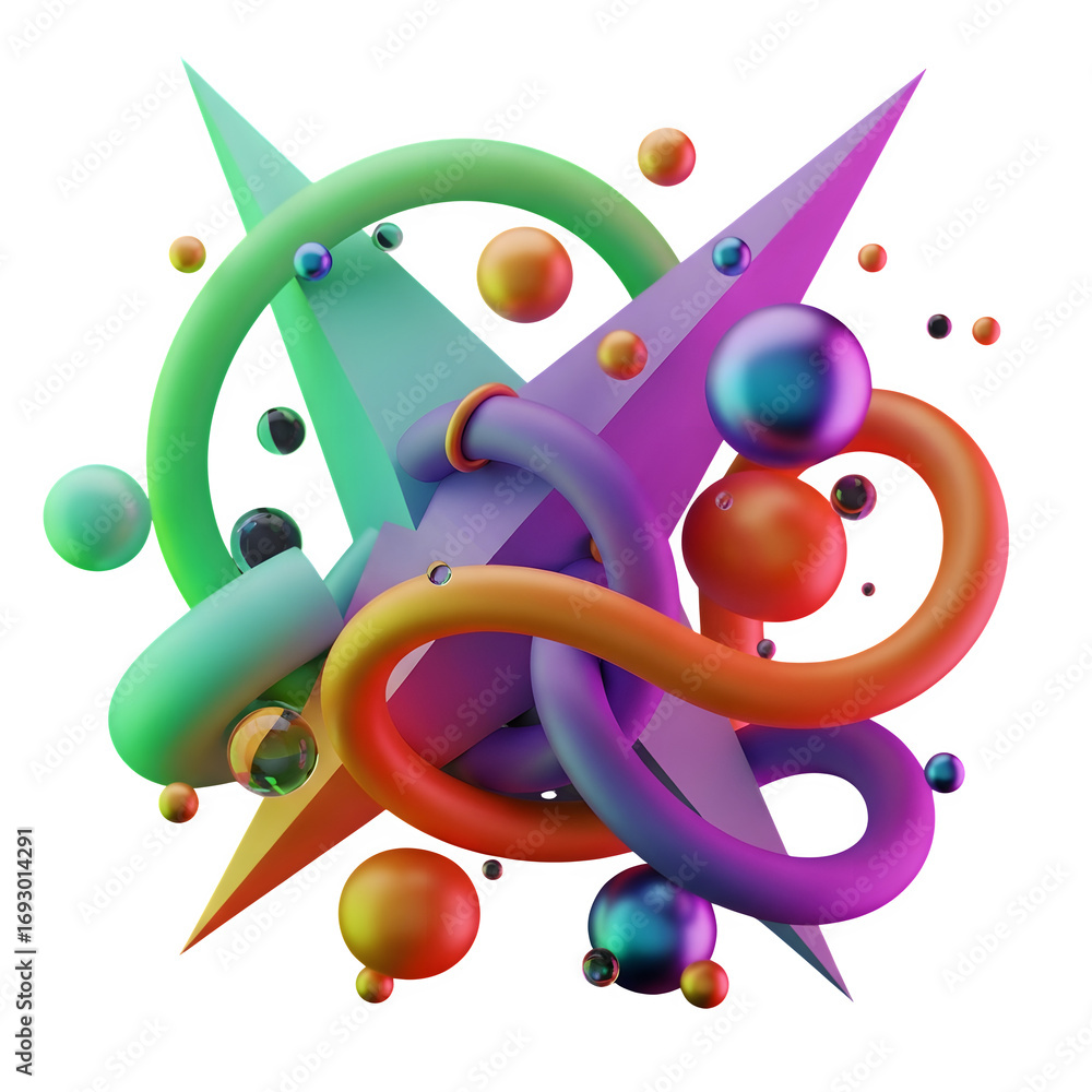 Aufkleber 3d illustration of abstract 3d render featuring colorful geometric shapes and spheres floating in a dynamic composition isolated on transparent background