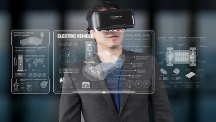 A businessman engages with virtual reality technology to explore electric vehicle innovation, surrounded by interactive data in a sleek office environment. Raster