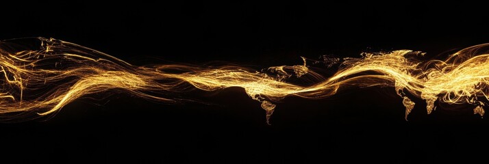 Creative representation of global connectivity illustrated through flowing golden lines over a dark background showcasing world maps and patterns