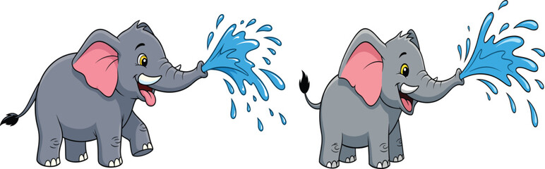 Cute cartoon baby elephant spraying water, happy smiling animal character illustration, funny wildlife mascot design, jungle safari vector, playful adorable elephant art