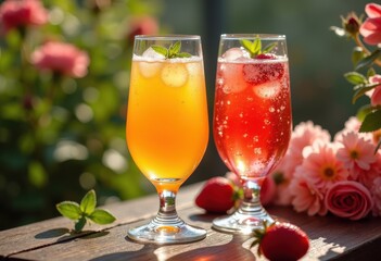Sparkling Juice Delight in Elegant Glasses Outdoor Setting Natural Light Refreshing Beverage Experience
