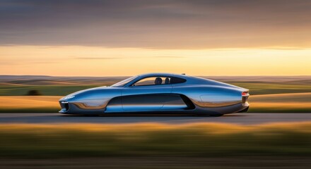 Sleek silver car glides along a highway against a backdrop of rolling fields and a golden sunset, hinting at speed and elegant design.