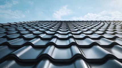 Obraz premium Close-up view of a tiled rooftop under a partly cloudy sky
