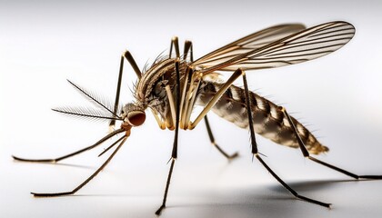 close up image of a mosquito showing detailed features including wings legs and antennae on a white background