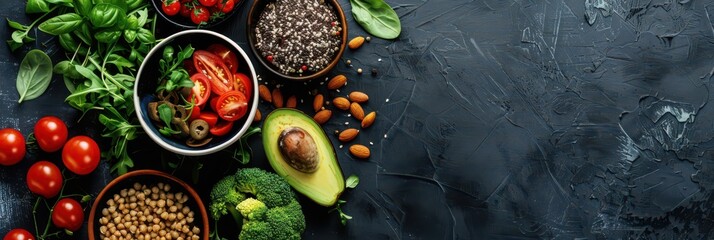 Vibrant vegan meal with fresh ingredients for world vegan day celebration. Horizontal banner. Copy space. Healthy Food. World Vegetarian Day